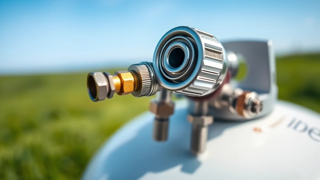 Close-up of a stainless steel propane regulator mounted on a residential propane tank, showing the vent hole and connection fittings, with green grass and blue sky in background, professional installation setting