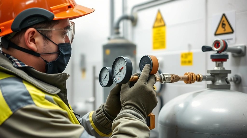 Technician in safety gear performing maintenance on propane regulator equipment, using specialized tools to inspect pressure readings, clean workshop environment with safety signage visible
