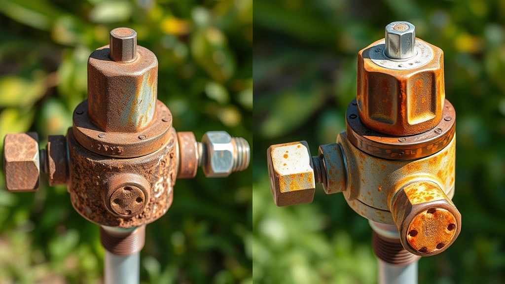Comparison of corroded versus clean propane regulators side by side, showing rust damage and proper maintenance condition, outdoor setting with natural lighting highlighting corrosion patterns