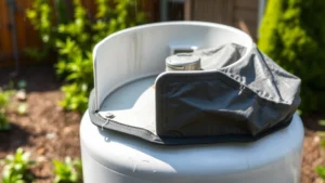 Close-up of a propane tank with protective cover in a residential backyard setting, showing weather-resistant material shielding the tank from rain and sunlight, with green landscaping in background