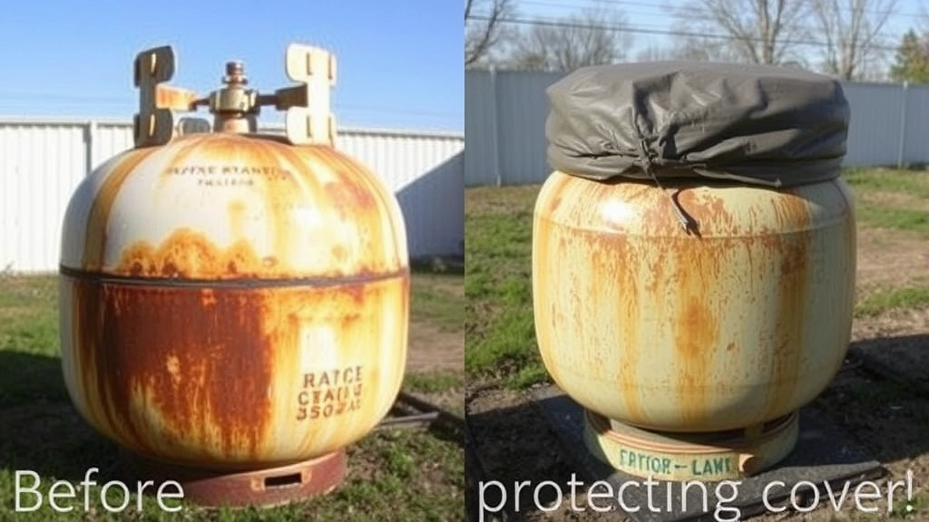 Side-by-side comparison showing an uncovered propane tank with visible rust and corrosion versus a protected tank with cover, highlighting environmental damage prevention