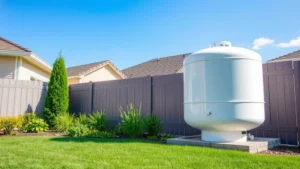 Residential propane tank installation in suburban backyard, modern white tank against green landscaping, clear sky background, showing proper safety clearance and installation setup