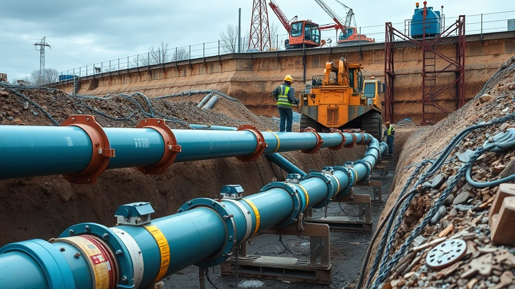 Natural gas pipeline infrastructure underground construction site with workers and equipment, showing modern pipeline installation and maintenance operations in progress