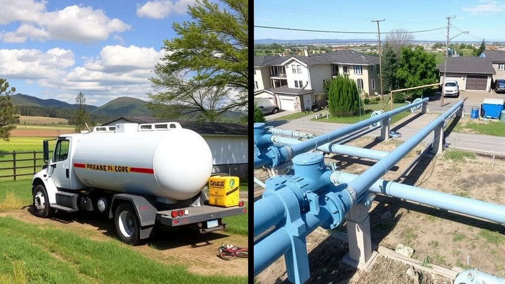 Split-screen comparison showing propane delivery truck on rural property with storage tank and natural gas pipeline infrastructure in urban neighborhood, both in daylight
