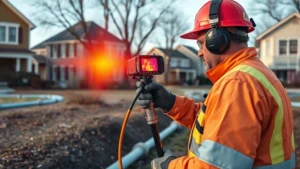 Photorealistic image of a professional technician using thermal imaging camera to detect natural gas leaks from underground pipeline infrastructure in a residential neighborhood during daytime, showing modern leak detection equipment in action
