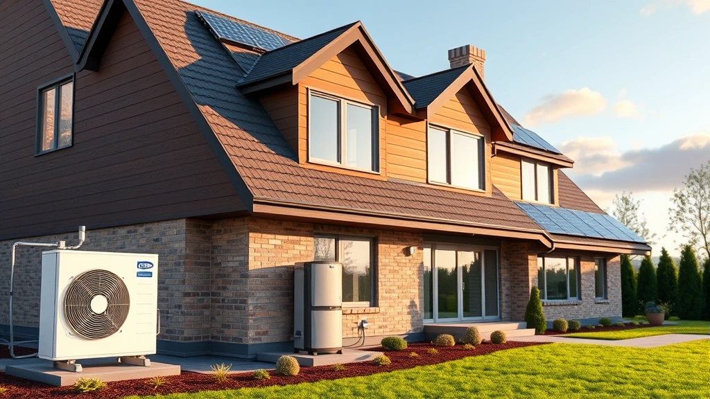 Photorealistic image of a modern residential home with visible heat pump installation, solar panels on roof, and modern energy-efficient systems representing sustainable home energy alternatives to natural gas heating