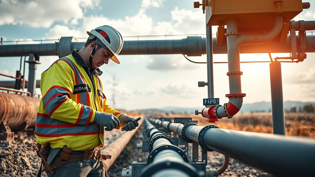 Photorealistic image of a utility worker performing pipeline maintenance and inspection work, showing modern gas distribution infrastructure, safety equipment, and operational practices in a natural landscape setting