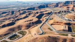 Aerial view of natural gas pipeline infrastructure running through Utah mountain landscape with residential areas below, clean daylight photography, showing industrial energy infrastructure integration with natural terrain