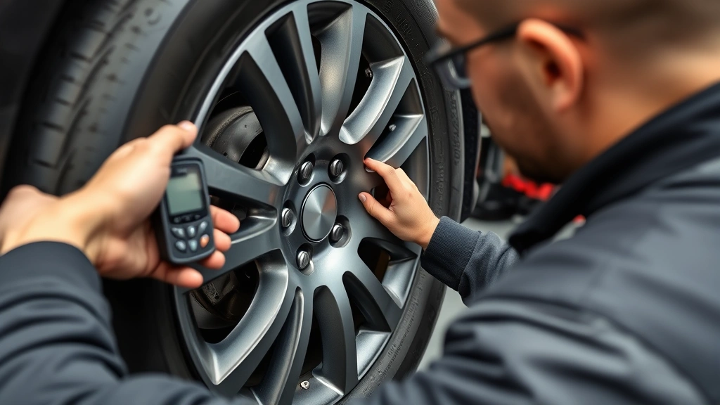 Close-up of an automotive technician checking tire pressure with a digital gauge on a RAV4 wheel, professional workshop setting with tools visible