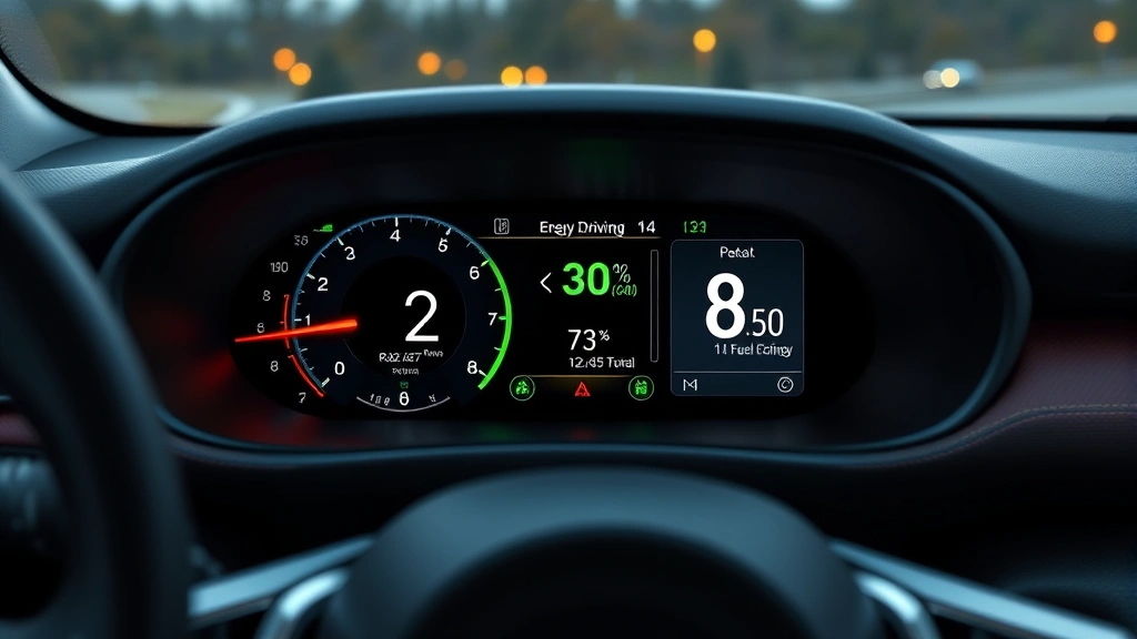 Dashboard display showing real-time fuel economy metrics on a modern RAV4 interior with eco-driving information screen illuminated