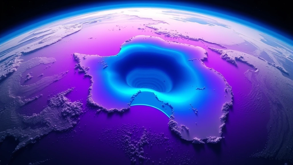 Aerial view of Antarctic ozone hole visualized in purple and blue atmospheric layers, satellite perspective, Earth's stratosphere showing seasonal thinning pattern over polar region, realistic scientific imagery