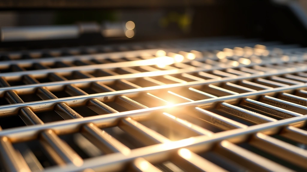 Close-up of premium stainless steel grill grates with natural sunlight reflection, showing polished surface texture and heat-resistant construction in outdoor backyard setting
