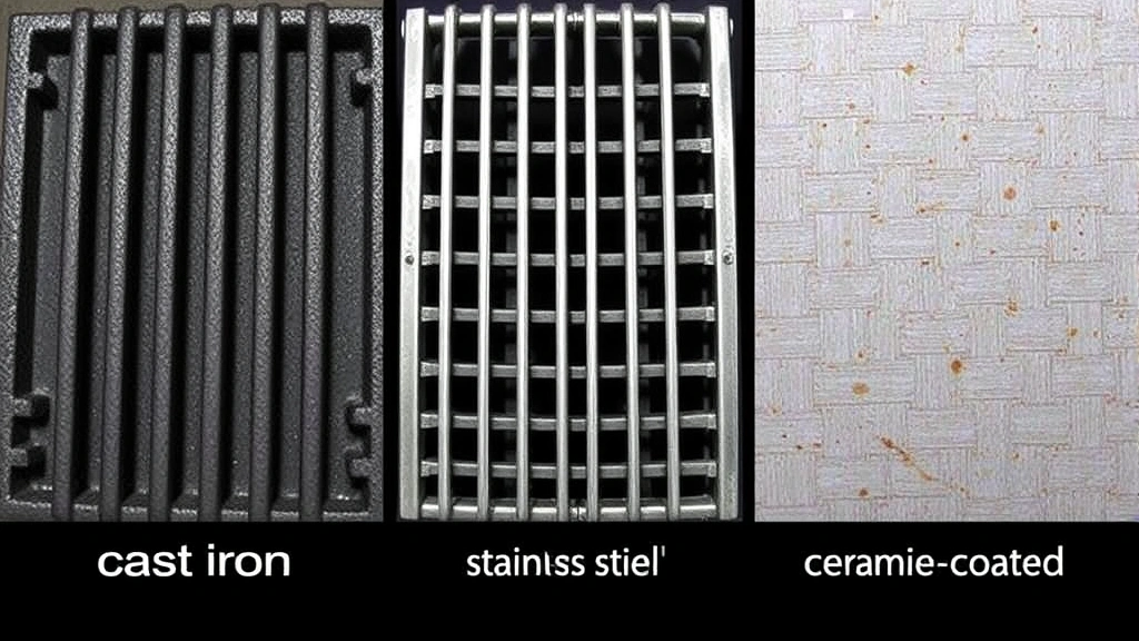 Comparison display of various grill grate materials arranged side by side: cast iron, stainless steel, and ceramic-coated options, showing different finishes and patinas naturally