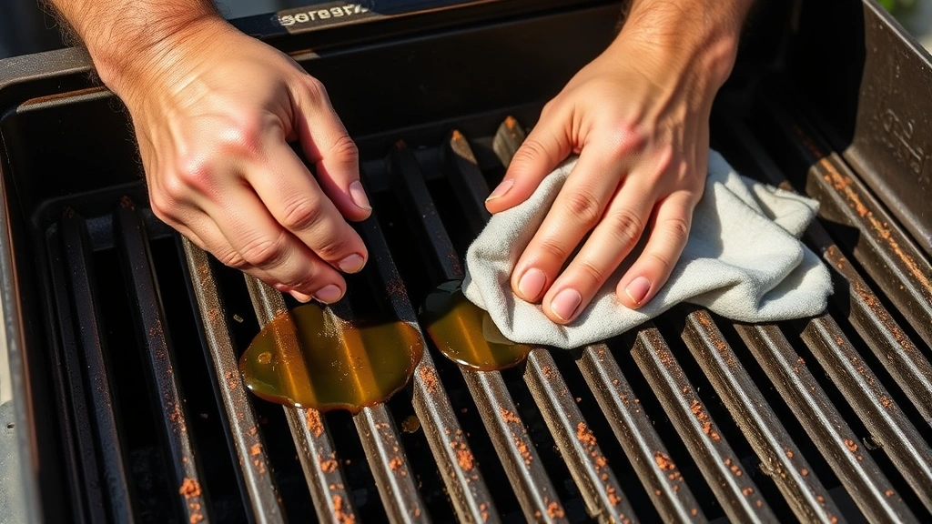Hands performing maintenance on cast iron grill grates with natural seasoning, applying food-grade oil with soft cloth in natural lighting, demonstrating care routine