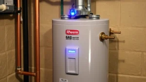 Modern Rheem gas water heater tank in utility basement with insulation visible, blue pilot light indicator glowing, surrounded by copper piping and PEX tubing connections
