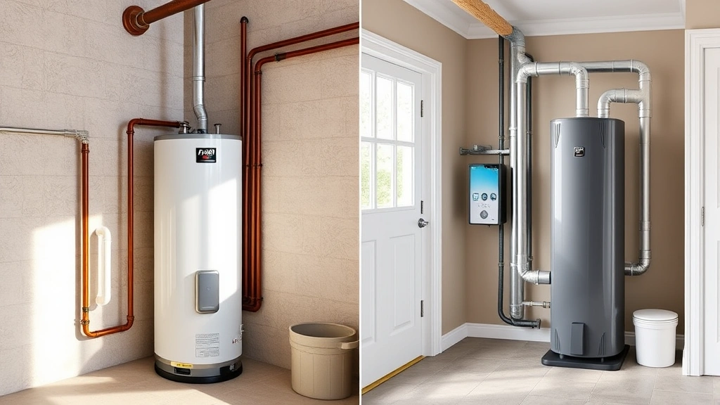 Comparison split-screen showing traditional gas water heater tank on left versus sleek heat pump water heater unit on right in home utility rooms