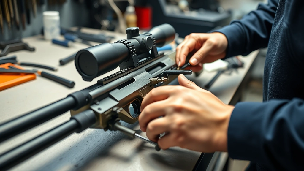 Close-up of precision rifle components being assembled on a clean workbench, showing careful hands adjusting mechanical parts with tools, professional gunsmithing environment, natural daylight, shallow depth of field, photorealistic detail
