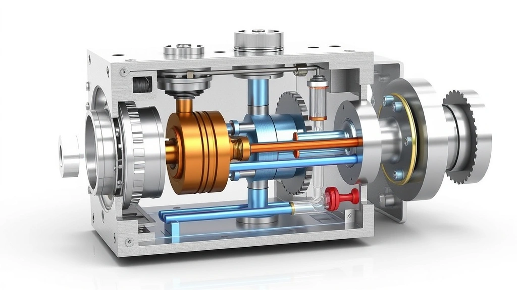 Cross-section diagram visualization of gas block mechanics showing internal piston mechanism and gas flow pathways, rendered in photorealistic 3D style with metallic components, clear pressure indicators, technical accuracy, no text labels visible