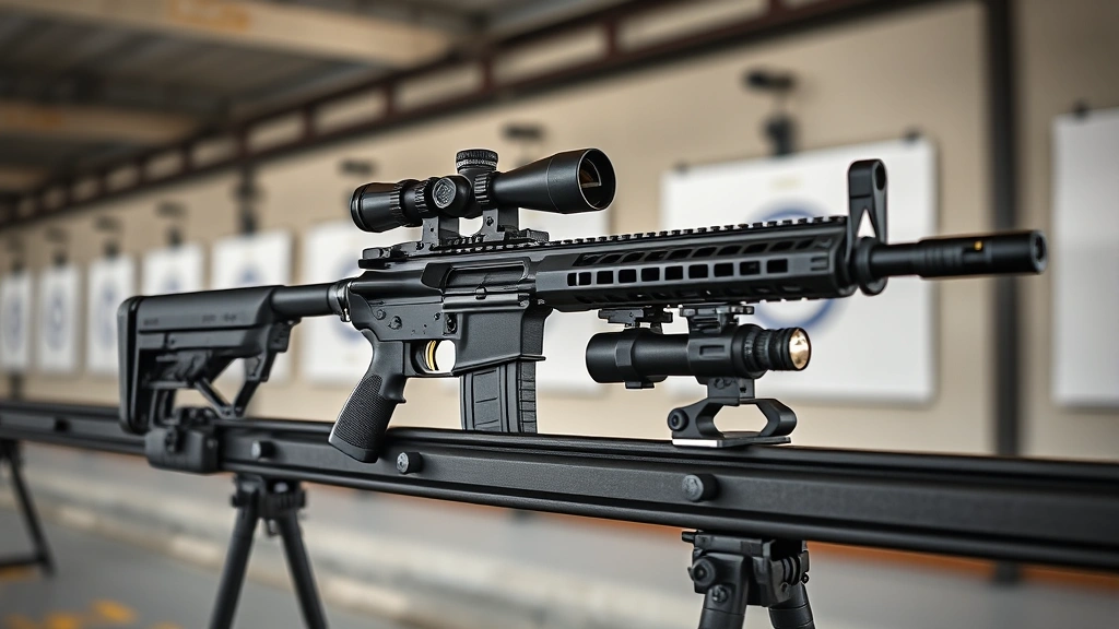 Modern tactical rifle mounted on shooting range rest with adjustable gas block visible, professional range setting with natural lighting, emphasis on mechanical detail and precision engineering, clean background, photorealistic rendering