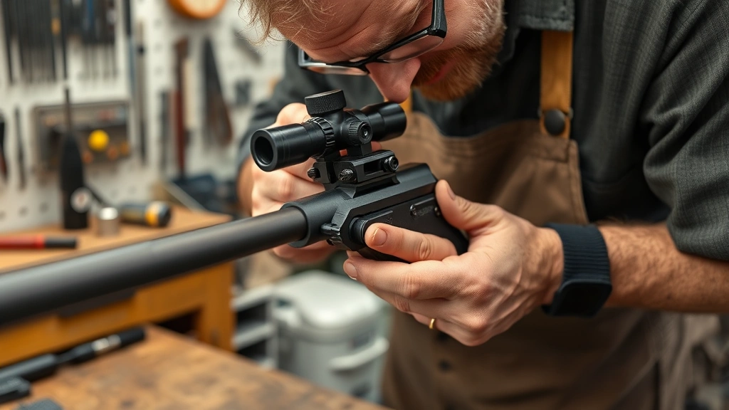 Experienced gunsmith installing gas block on rifle barrel with precision tools and alignment fixtures in professional workshop, demonstrating proper installation technique