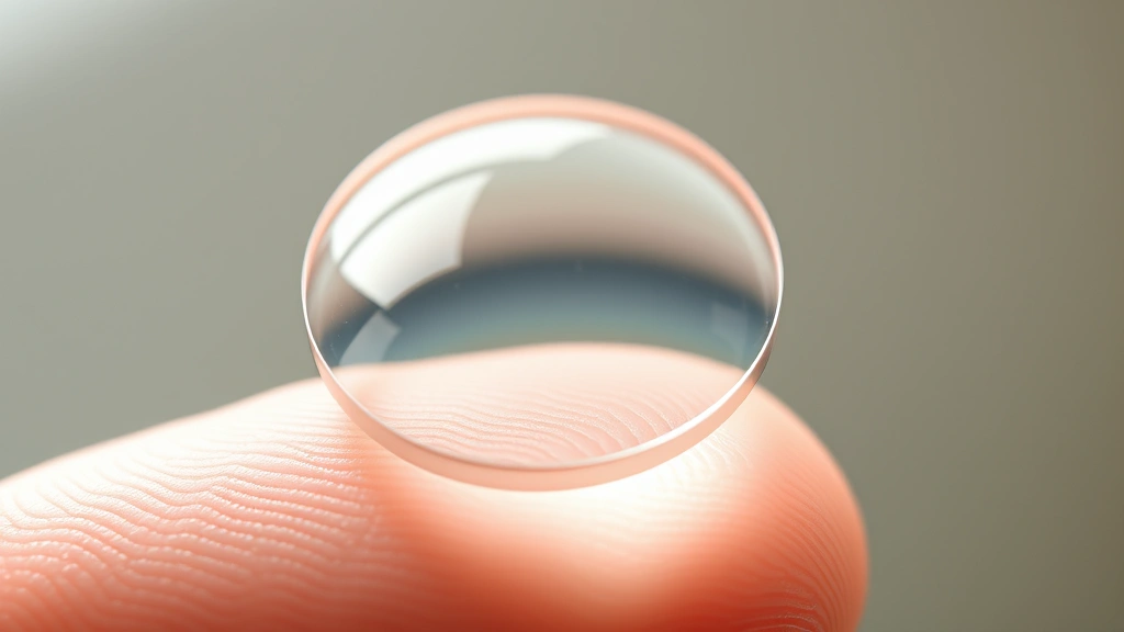 Close-up macro photography of a rigid gas permeable contact lens on a finger, showcasing its transparent crystal-clear optical surface with subtle lens edge definition against soft natural diffused lighting, emphasizing durability and precision optical design