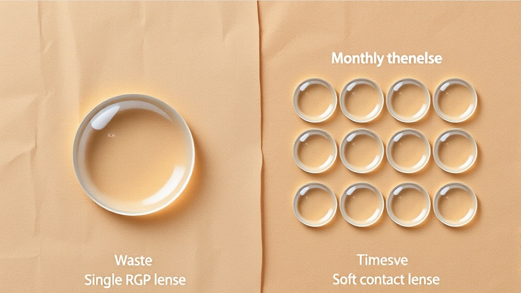 Split-screen environmental impact visualization showing a single RGP lens on one side and twelve monthly soft contact lens pairs on the other, arranged on recycled paper background to illustrate comparative waste reduction and sustainability