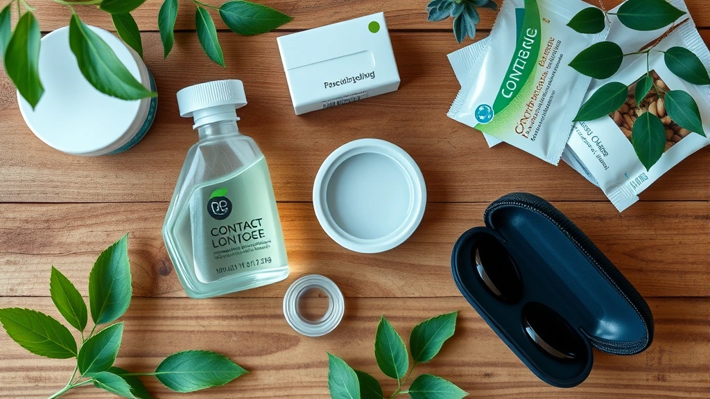 Overhead flat-lay photograph of sustainable contact lens care setup including biodegradable solution container, recyclable packaging, and reusable lens case arranged on natural wood surface with green plant elements suggesting eco-conscious practices