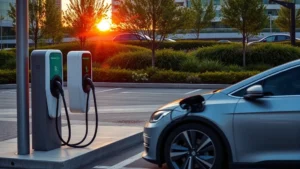 Electric vehicle charging at modern public charging station with multiple ports, sleek design, sunset lighting, urban parking area with green landscaping in background, no text or signage visible