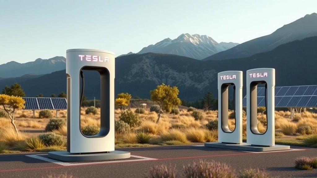 Tesla Supercharger station in natural landscape setting with mountains, solar panels nearby, clean technology aesthetic, multiple charging ports, peaceful environment, photorealistic, no logos or text