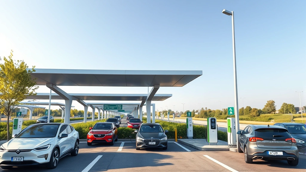Highway rest stop with diverse electric vehicle models charging simultaneously, modern architecture, green vegetation, clear sky, sustainable infrastructure design, no visible text or brand names