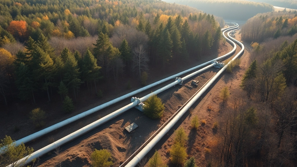 Aerial view of natural gas distribution pipeline infrastructure running through forested southwestern Virginia landscape, showing modern plastic pipe replacement sections alongside older sections, morning sunlight filtering through trees, no text or labels visible