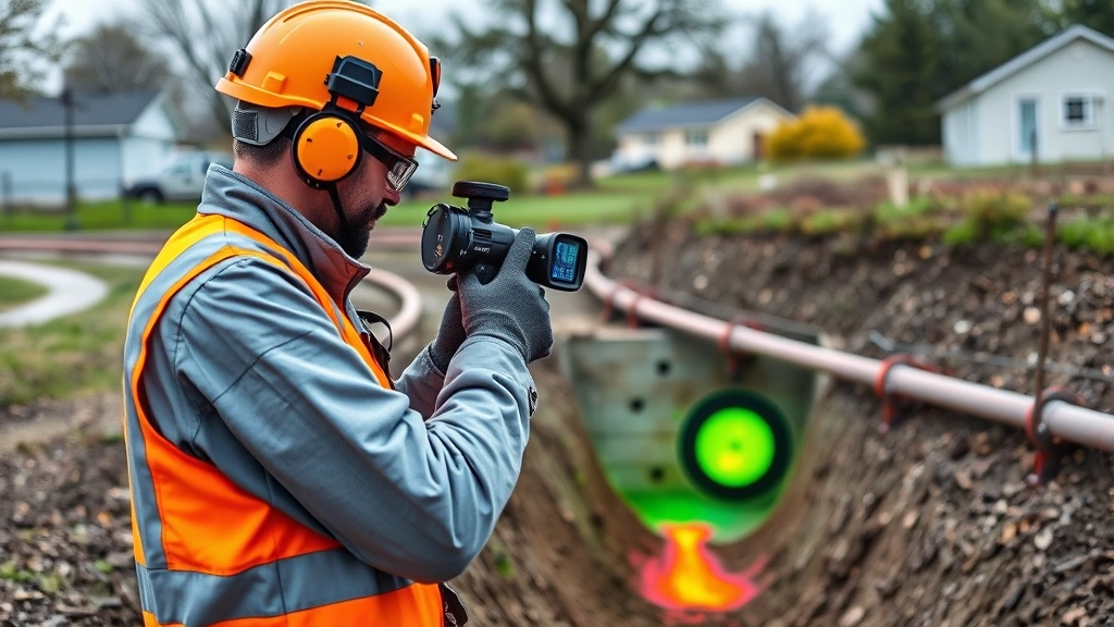 Professional technician using thermal imaging camera to detect methane leaks in underground natural gas pipeline infrastructure, wearing safety equipment, modern detection technology in action, suburban service area background, no visible text