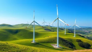 Modern wind turbine farm in rural landscape with green rolling hills and clear blue sky, photorealistic daytime lighting