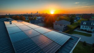 Solar panels installed on residential rooftop during golden hour sunset, with Rochester cityscape visible in background, clean modern suburban home with green yard