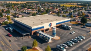Aerial view of Sam's Club warehouse with fuel station pumps in foreground, multiple vehicles refueling, suburban landscape, sunny day, photorealistic high quality