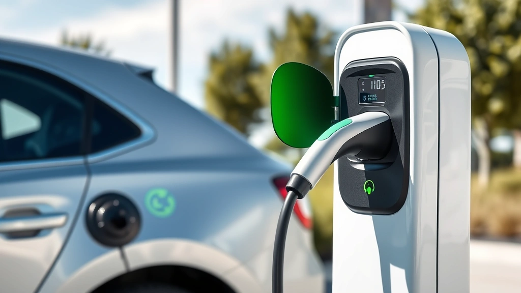 Modern electric vehicle charging station with green renewable energy icon, sleek charging cable, contemporary design, clean minimalist aesthetic, daylight