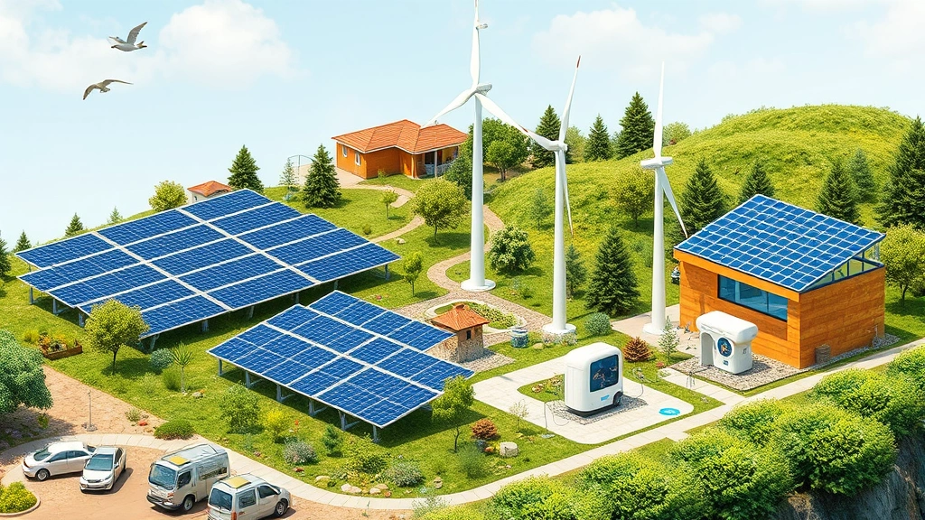 Diverse renewable energy sources visualization: solar panels, wind turbines, and charging station integrated landscape, sustainable infrastructure, photorealistic environmental setting