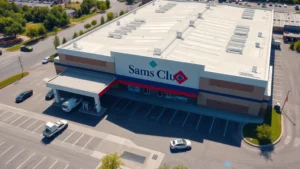 Aerial view of a Sam's Club warehouse with fuel station pumps in foreground, multiple vehicles refueling, clean paved lot, bright daylight, suburban commercial setting with green landscaping visible at edges, photorealistic high resolution