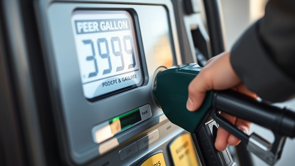 Close-up of fuel pump display screen showing price per gallon, digital numbers clearly visible, hand inserting fuel nozzle into vehicle gas tank opening, clean modern pump design, natural lighting, professional photograph