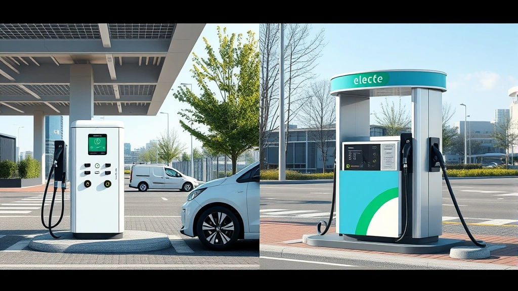 Comparison split-screen showing electric vehicle charging station on left side and traditional gas pump on right side, modern urban setting, sustainable infrastructure, bright daylight, photorealistic detailed imagery