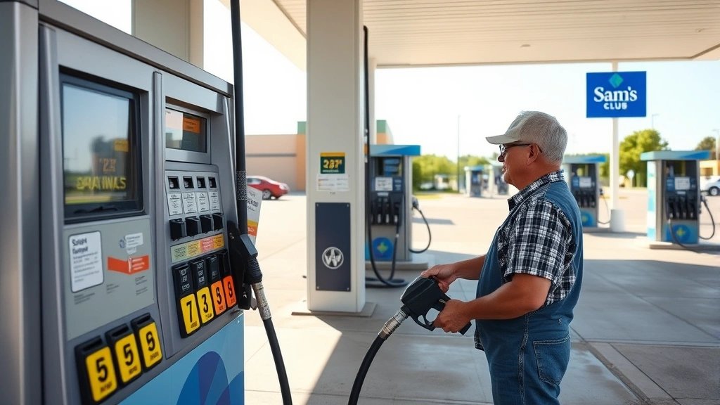 Member pumping gasoline at Sam's Club fuel center, modern pump display showing price per gallon, bright daylight, clean concrete surface, multiple fuel pumps visible in background
