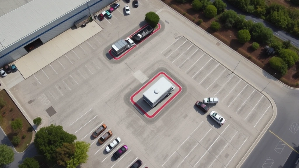 Aerial view of large warehouse parking lot with organized fuel pump island area, multiple vehicles parked, warehouse building exterior visible, trees and landscaping around perimeter