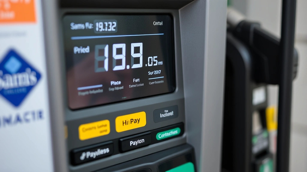Close-up of digital fuel pump screen displaying price information and payment options, Sam's Club branded pump, contactless payment symbol visible, modern technology interface