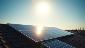 Solar panels on residential roof with morning sunlight, suburban neighborhood background, clear blue sky, photorealistic detail of panel reflections
