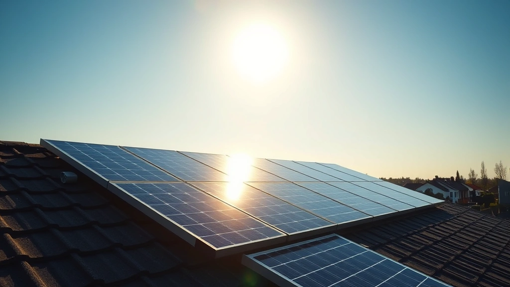 Solar panels on residential roof with morning sunlight, suburban neighborhood background, clear blue sky, photorealistic detail of panel reflections