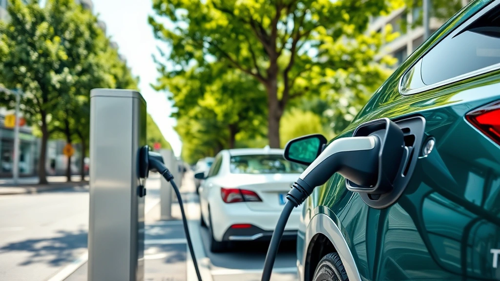 Modern electric vehicle charging at public station with green trees nearby, urban setting, natural daylight, realistic charging cable and plug detail