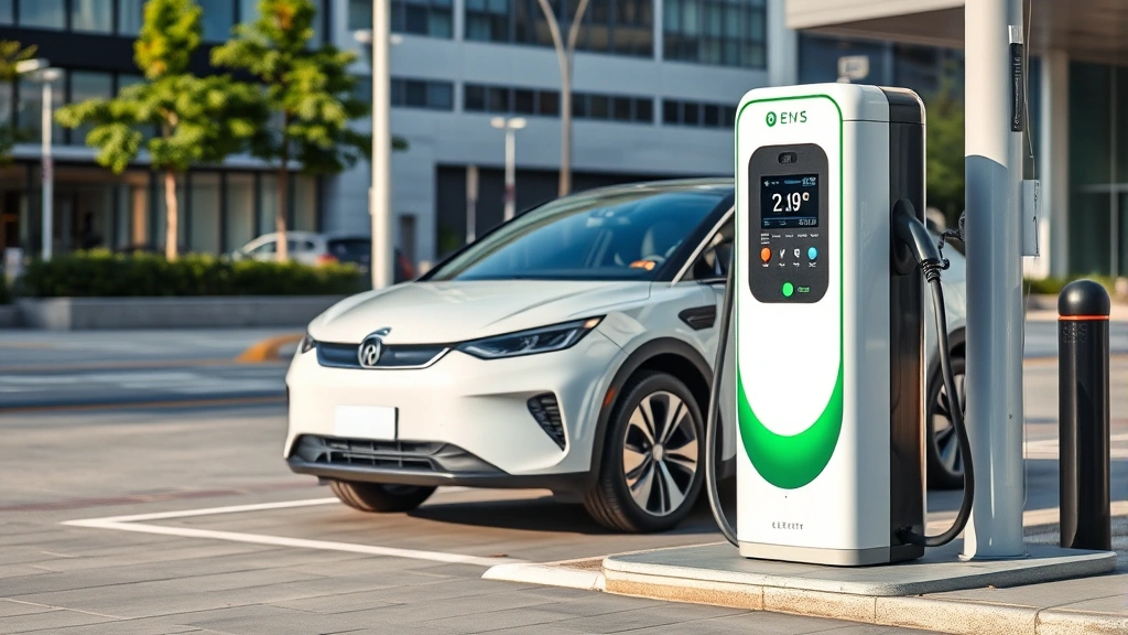 Electric vehicle charging at modern charging station, sleek design, green energy symbolism, urban setting, photorealistic, no signage