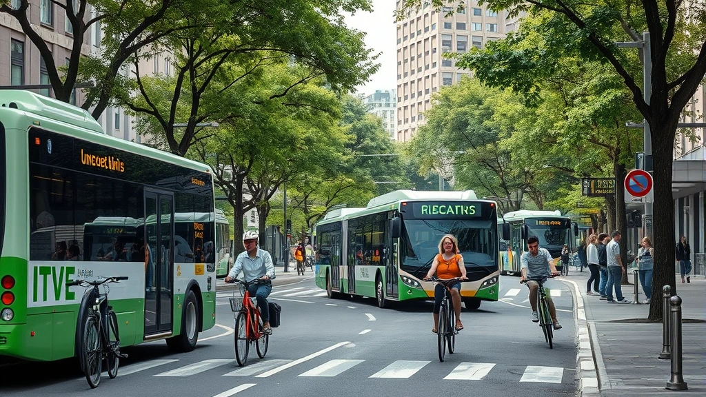 Mixed transportation scene showing electric bus, bicycles, and pedestrians in sustainable city environment, tree-lined streets, photorealistic, no text