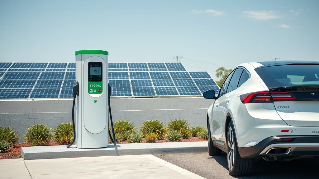 Modern electric vehicle charging at a solar-powered charging station with renewable energy panels visible, clean minimalist design, daytime lighting, photorealistic quality