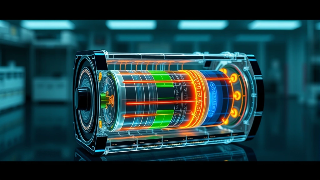 Cross-section view of advanced lithium-ion battery pack showing internal cell structure and energy flow visualization, technical but visually appealing, professional laboratory lighting